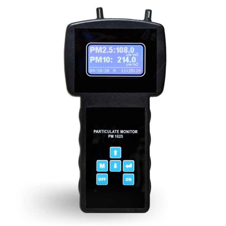 "Photograph of a portable particulate monitor instrument with a digital display, designed for air quality measurement and environmental monitoring."